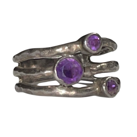 Signed 925 Sterling Silver Triple Band Ring w Bezel Set Amethysts – Size 7 - Picture 2 of 8